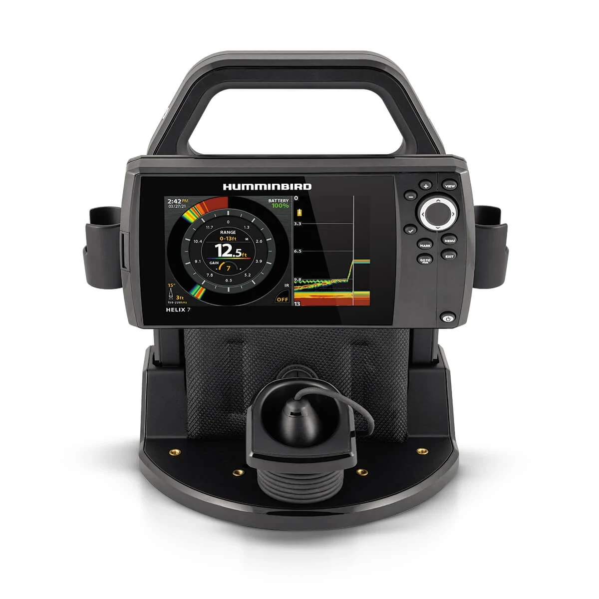 ICE HELIX 7 CHIRP GPS G4 shown with transducer tucked into the built-in tray in the shuttle