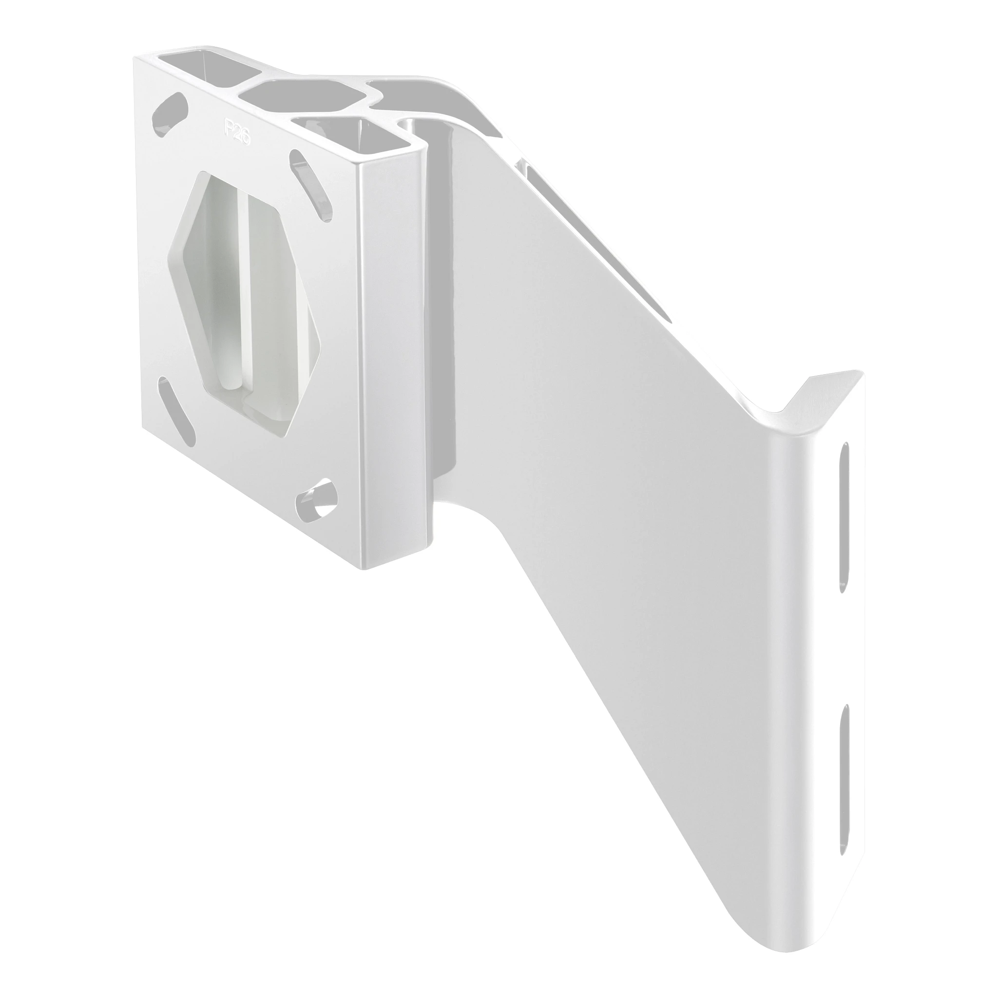 Angled view of white, 6" port jack plate for Raptor shallow water anchor