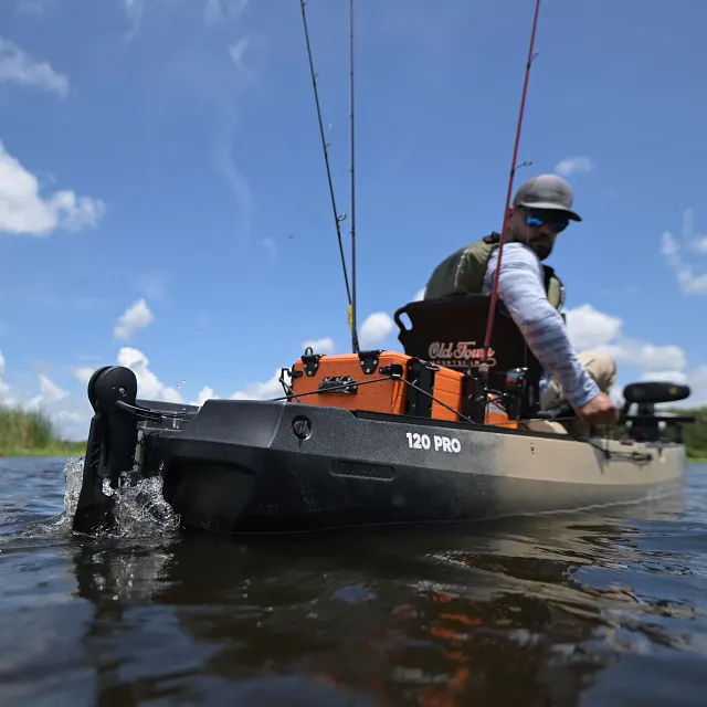 120 PRO rudder kit installed on 120 Pro kayak deploying into water