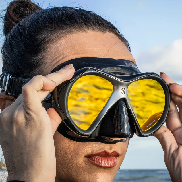 Spectra Mini Dive Mask, Silver, w/ Mirrored Lens - Donned Close-Up