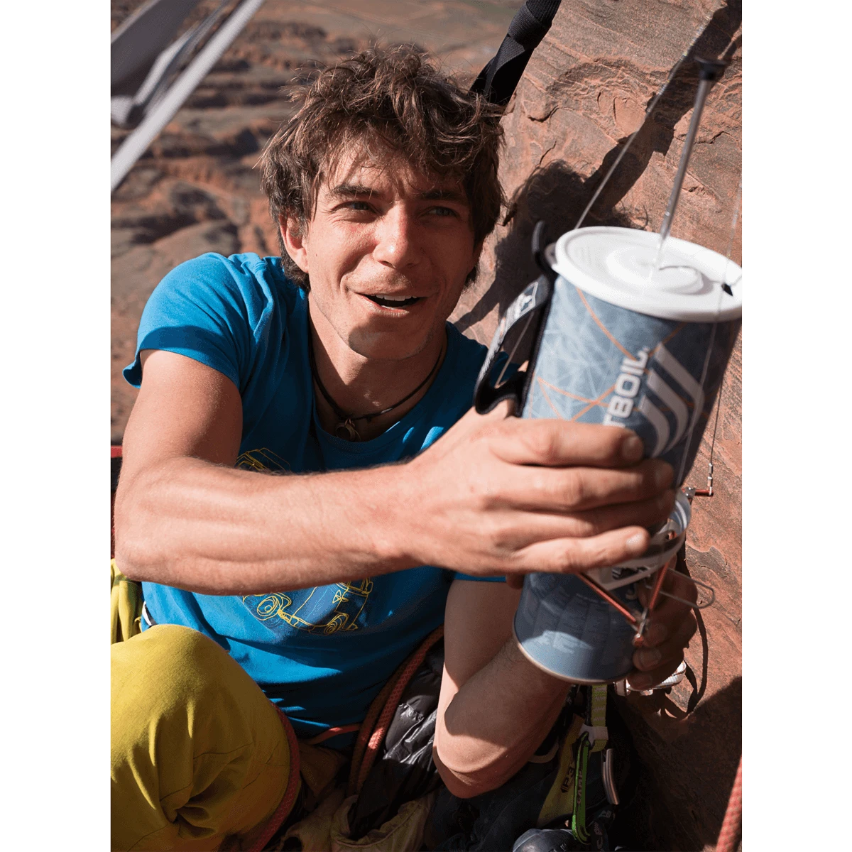 Climber using the Jetboil hanging kit