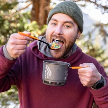 Eating fruity cereal from Jetboil Stash Cooking System with TrailSpoon