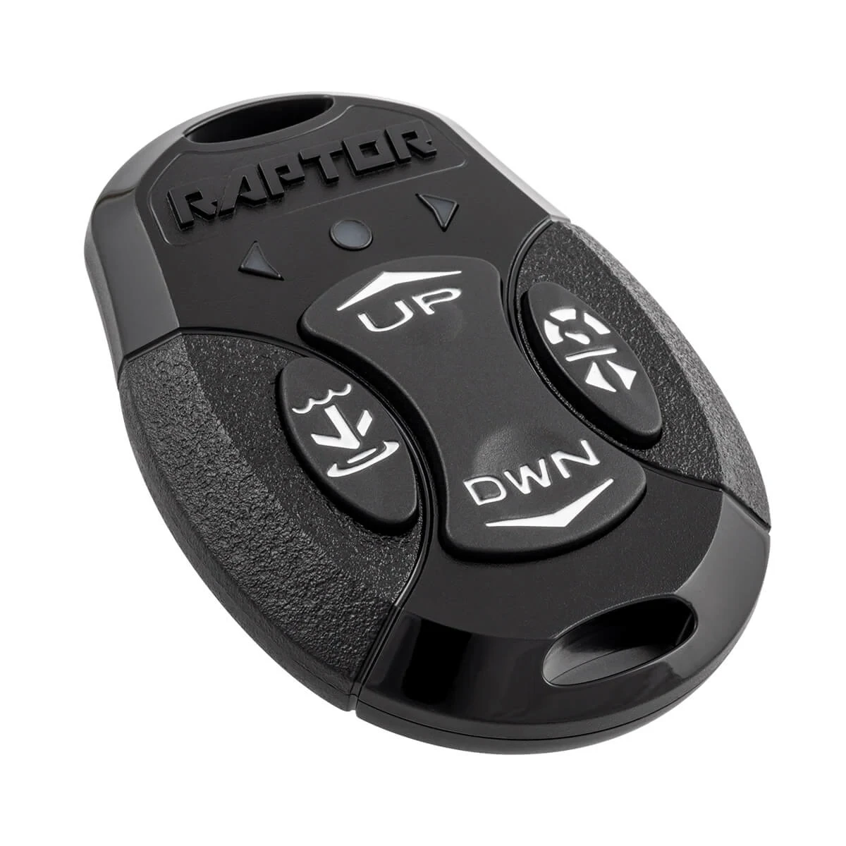 Black, round remote for Raptor with buttons for Up, Down, and Anchoring Modes
