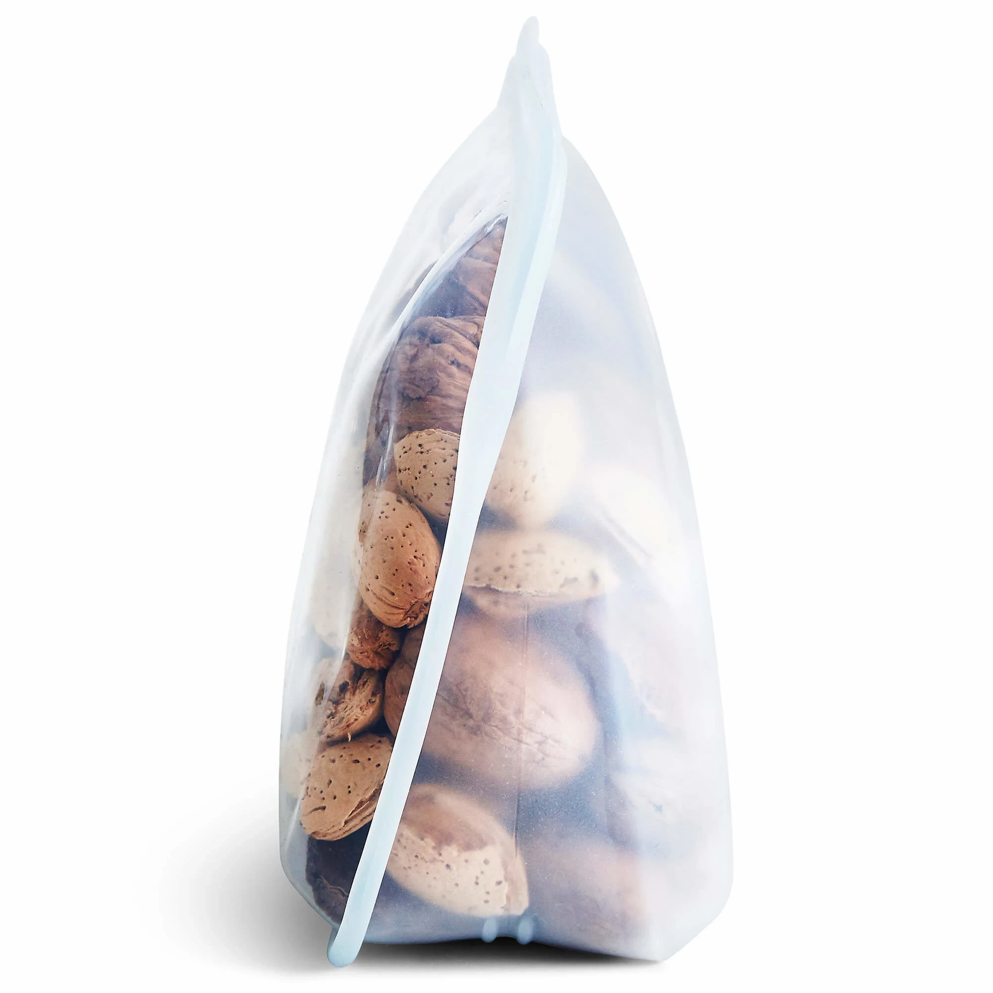 Side view of Clear Stasher Stand-Up Mid Bag filled with mixed nuts