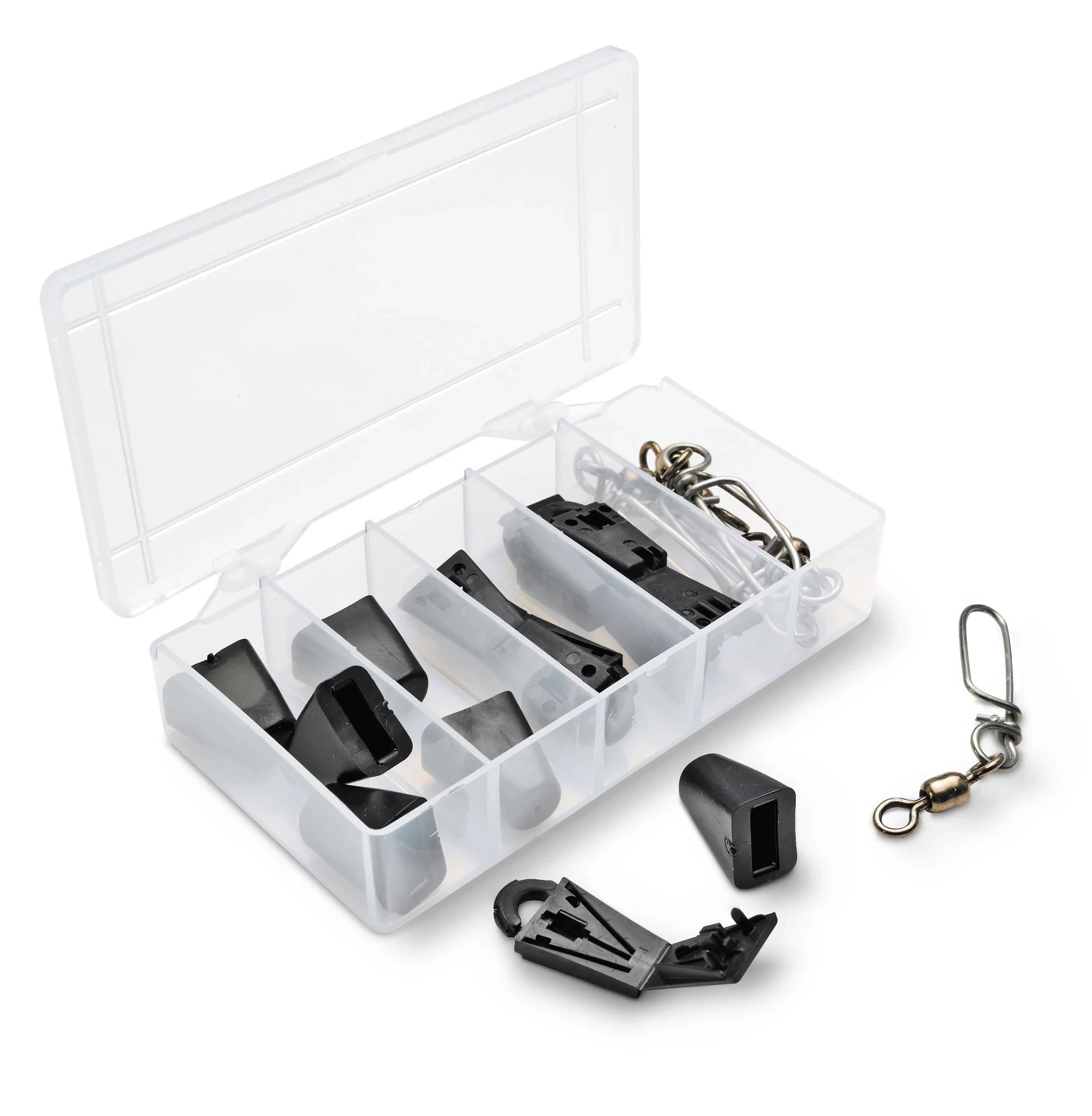 Clear tackle box with cushion cartridges, Cannon terminators, and swivels