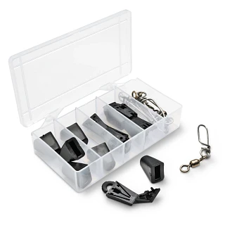 Clear tackle box with cushion cartridges, Cannon terminators, and swivels