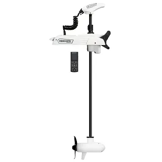 Minn Kota Riptide Terrova: A long-shafted trolling motor, with a white control head, a black coiled cable, a white mount, a black shaft, a white prop housing, a black propeller, and a black remote control with a screen.