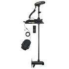 Minn Kota Terrova: A black trolling motor, with a control head, a mount, a long shaft, a prop housing with a two-blade propeller, a wired foot pedal, and a handheld remote with a screen.