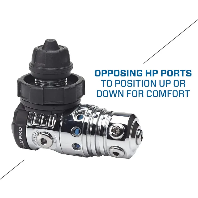 Scubapro: A dive regulator first stage, with a black conical cap, a black ribbed collar, and a chrome.