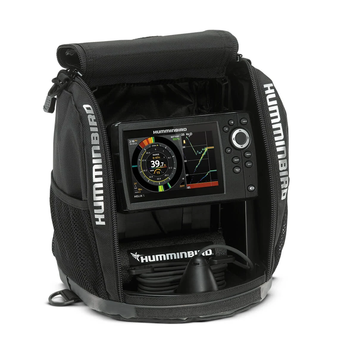ICE HELIX 5 CHIRP GPS G3 shown at a wide, side angle with transducer tucked into the built-in tray in the shuttle