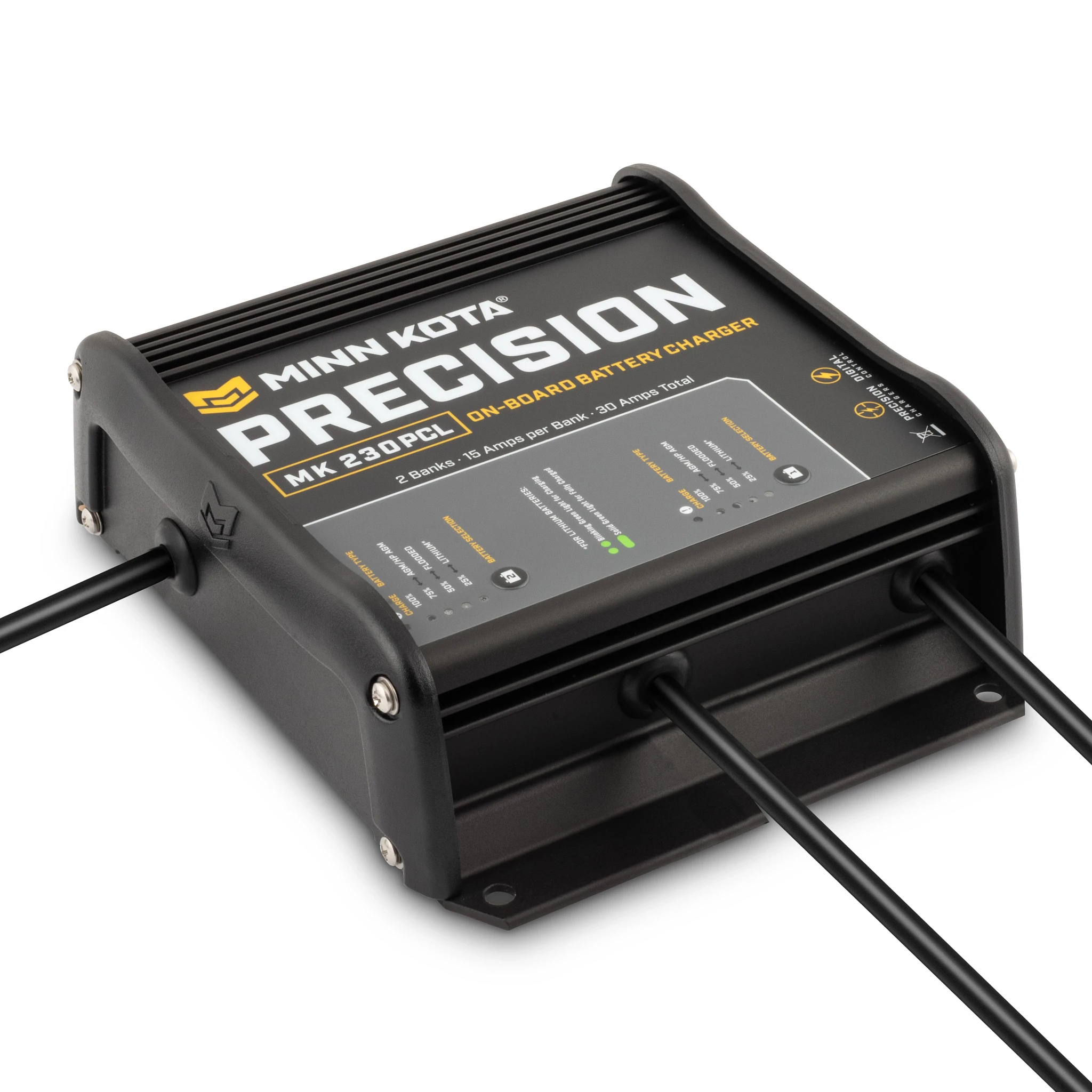 Precision On-Board 2 bank x 15 amp Battery Charger shown at angle