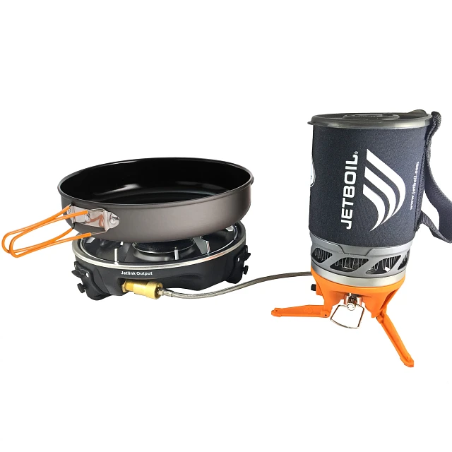 The Jetboil 1L Tall Cup attached to Luna Satellite Burner connected to Jetboil HalfGen