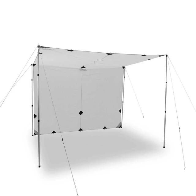 Trail Fly 14 pitch configuration option for wind protection and shade. Poles sold separately.