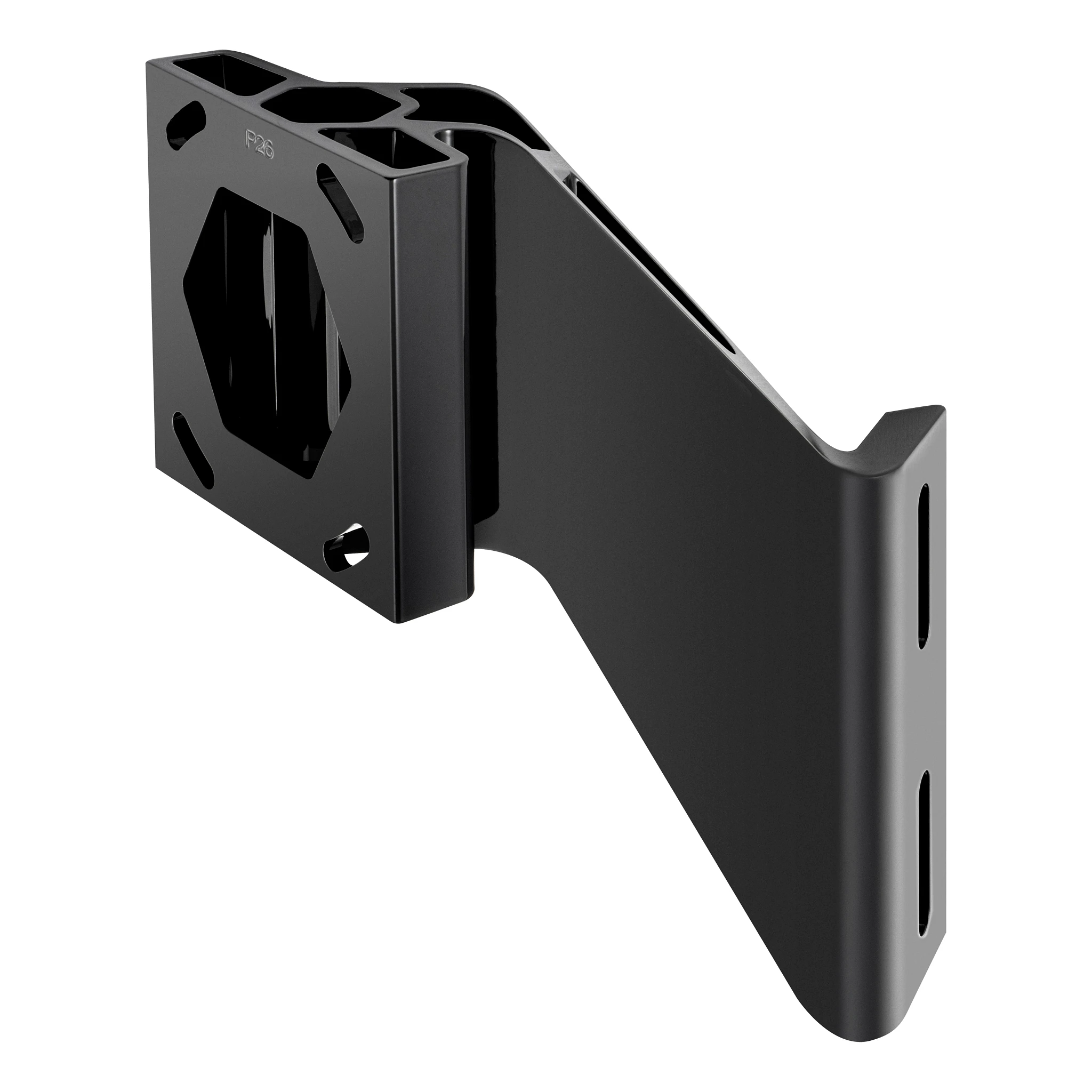 Angled view of black, 6" port jack plate for Raptor shallow water anchor
