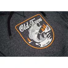 Closeup of Bass Emblem on Men's French Terry Pullover Hoodie - Bass Fish in Black Twist