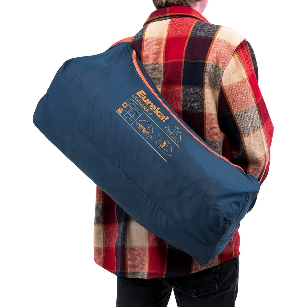 Person carrying packed Kohana 4 tent in carry bag
