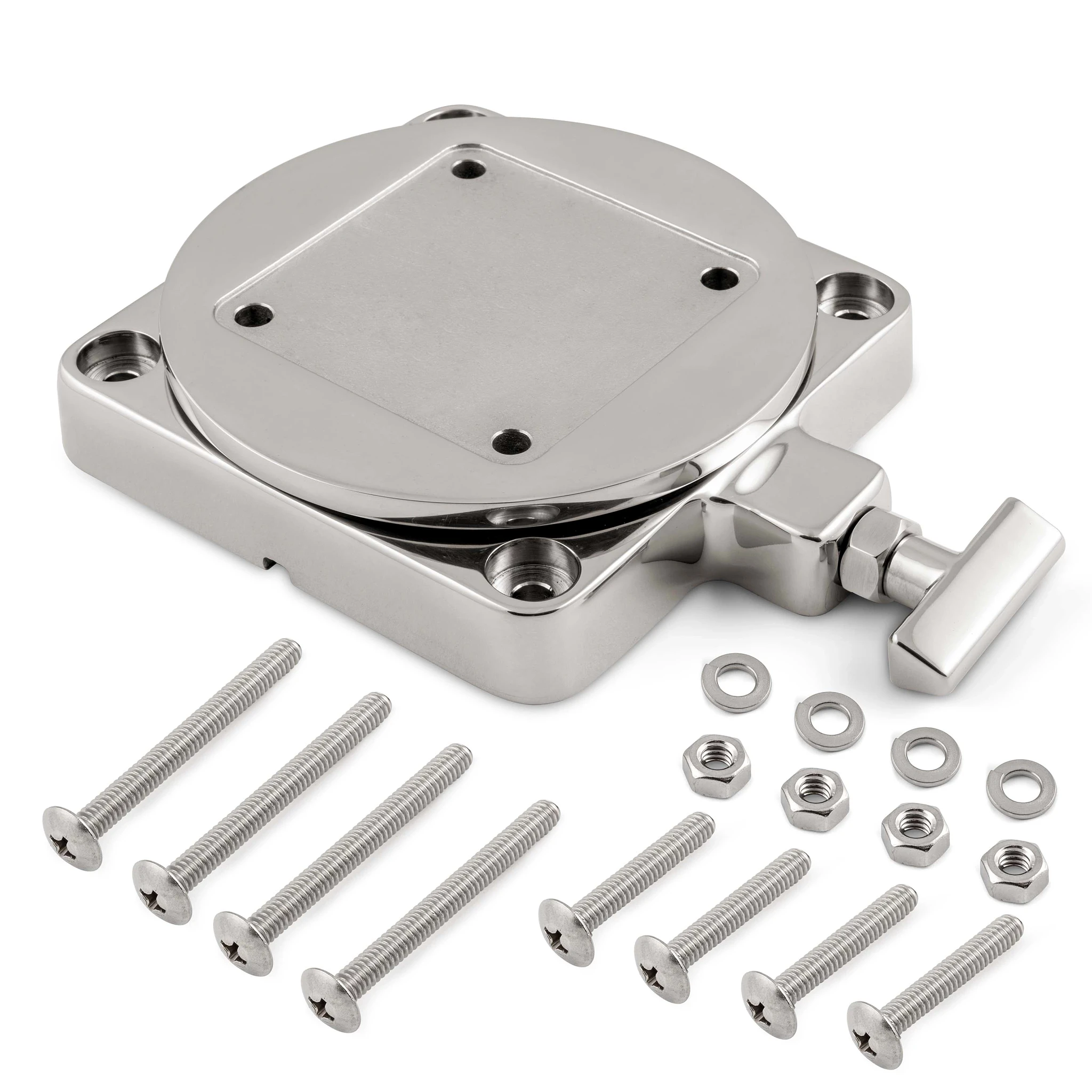 Stainless steel swivel base with eight screws, four nuts, and four washers