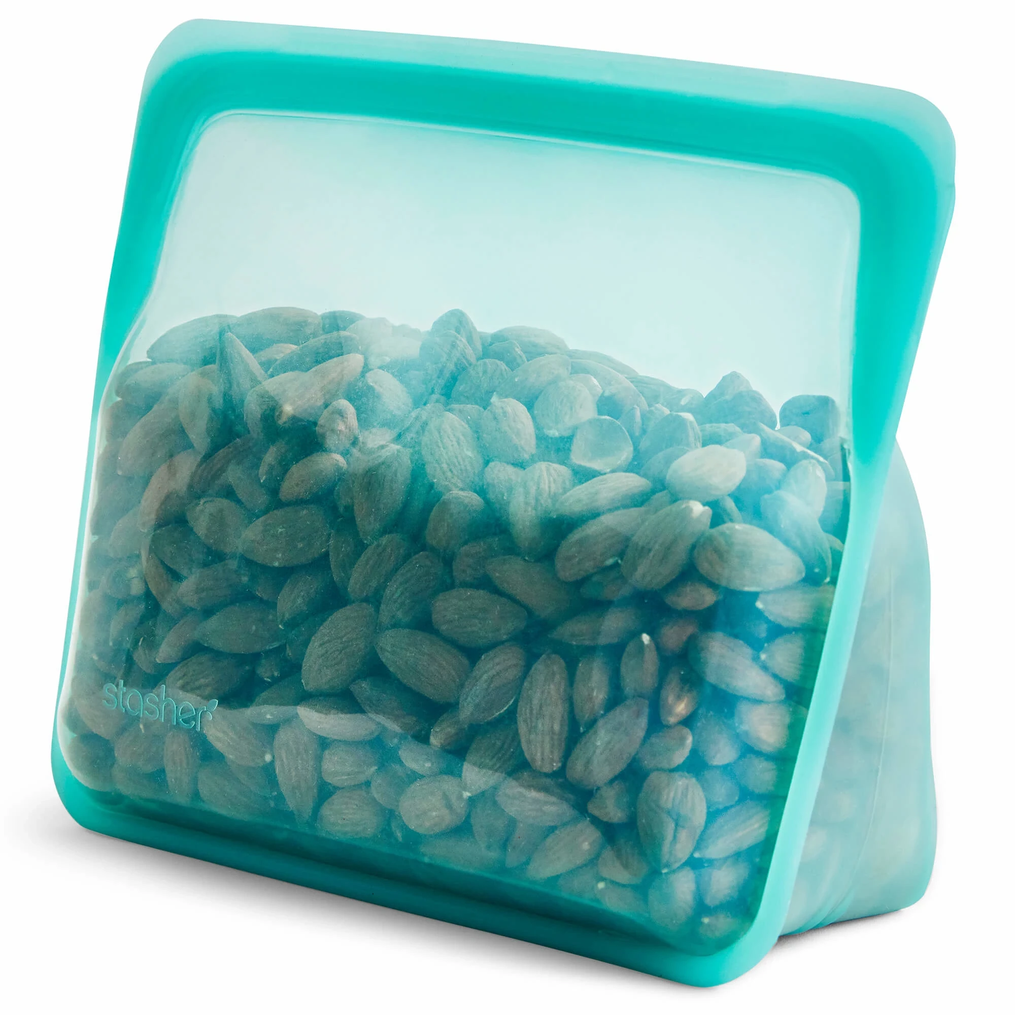 Angled view of Aqua Stasher Stand-Up Mid Bag filled with almonds