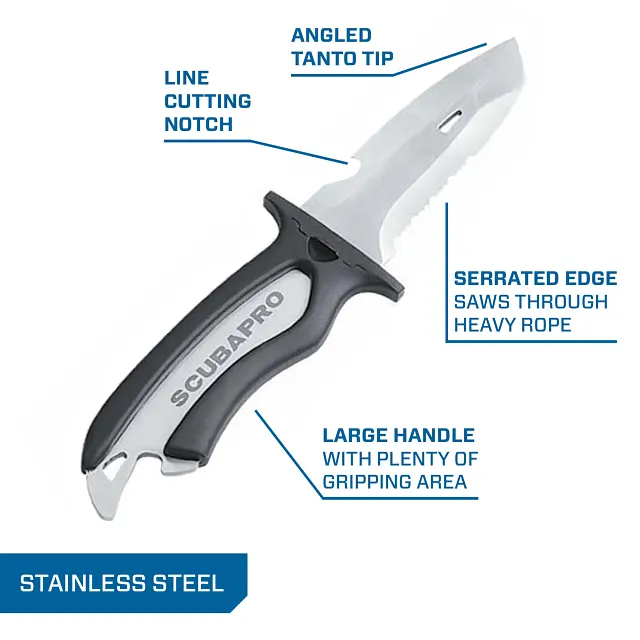 Scubapro: a dive knife with a silver blade, serrated edge, line-cutting notch, and black contoured handle.