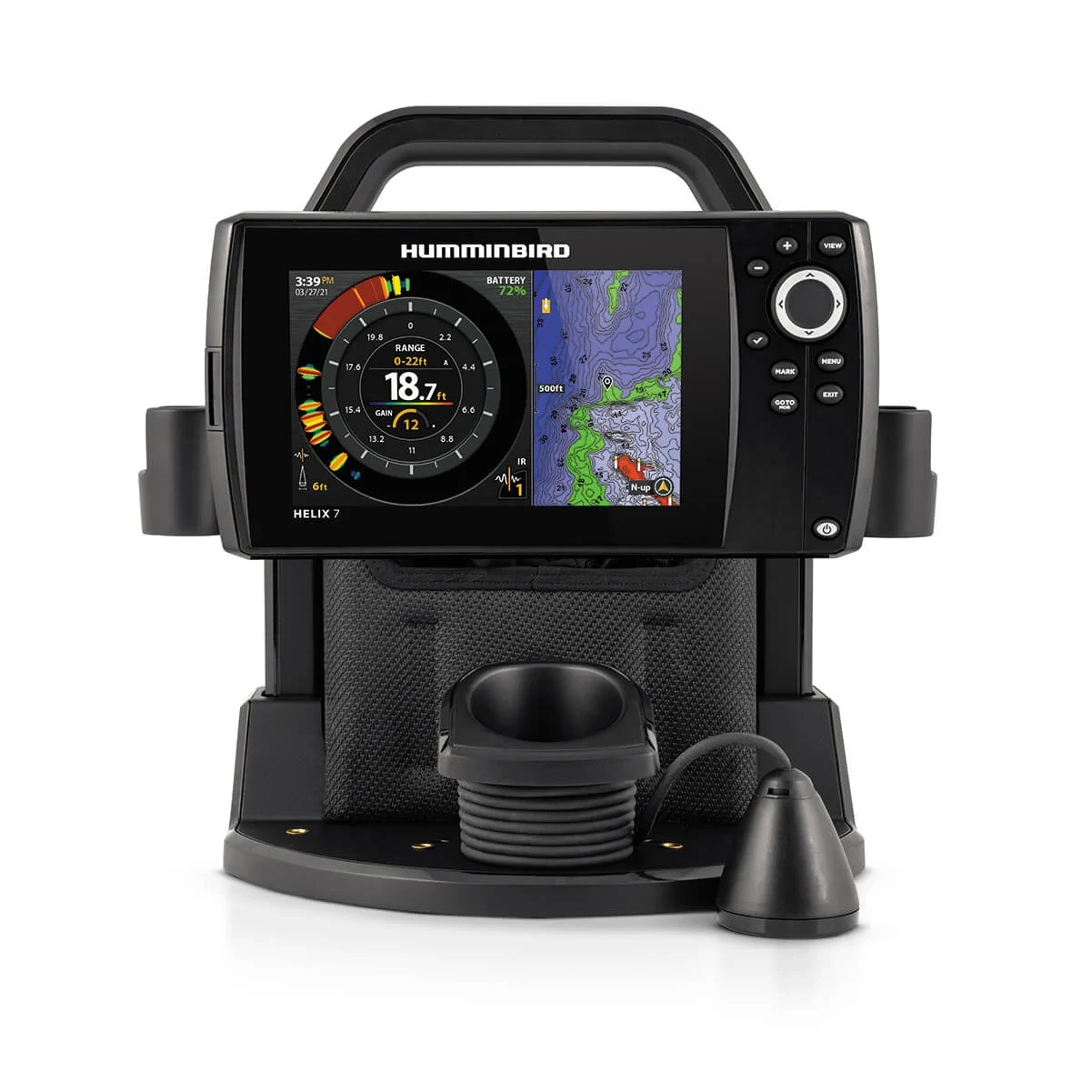 ICE HELIX 7 CHIRP GPS G4 All Season shown with a split screen displaying both flasher and GPS views