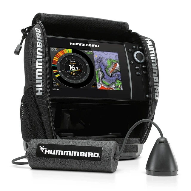 ICE HELIX 7 CHIRP GPS G3N All-Season hero, with transducer out of carrying case