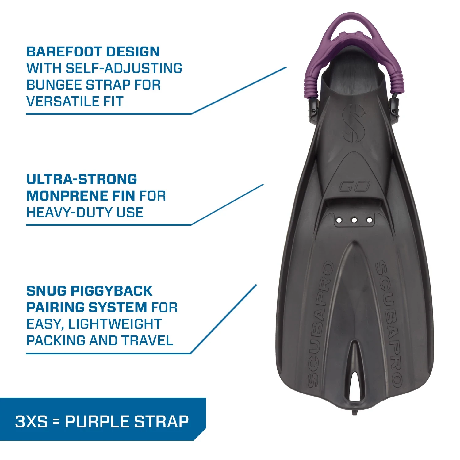 GO Travel Fin, Black w/Purple Strap, 3XS