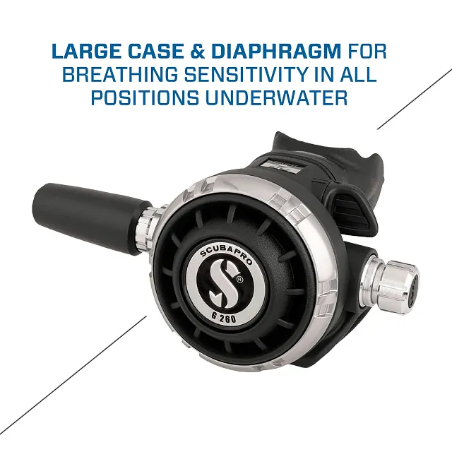 Scubapro: A scuba regulator second stage, with a round black front cover framed by a silver bezel, black housing, and silver adjustment knob.