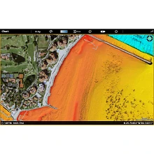 Screenshot displaying 2D shaded relief alongside aerial imagery of coast