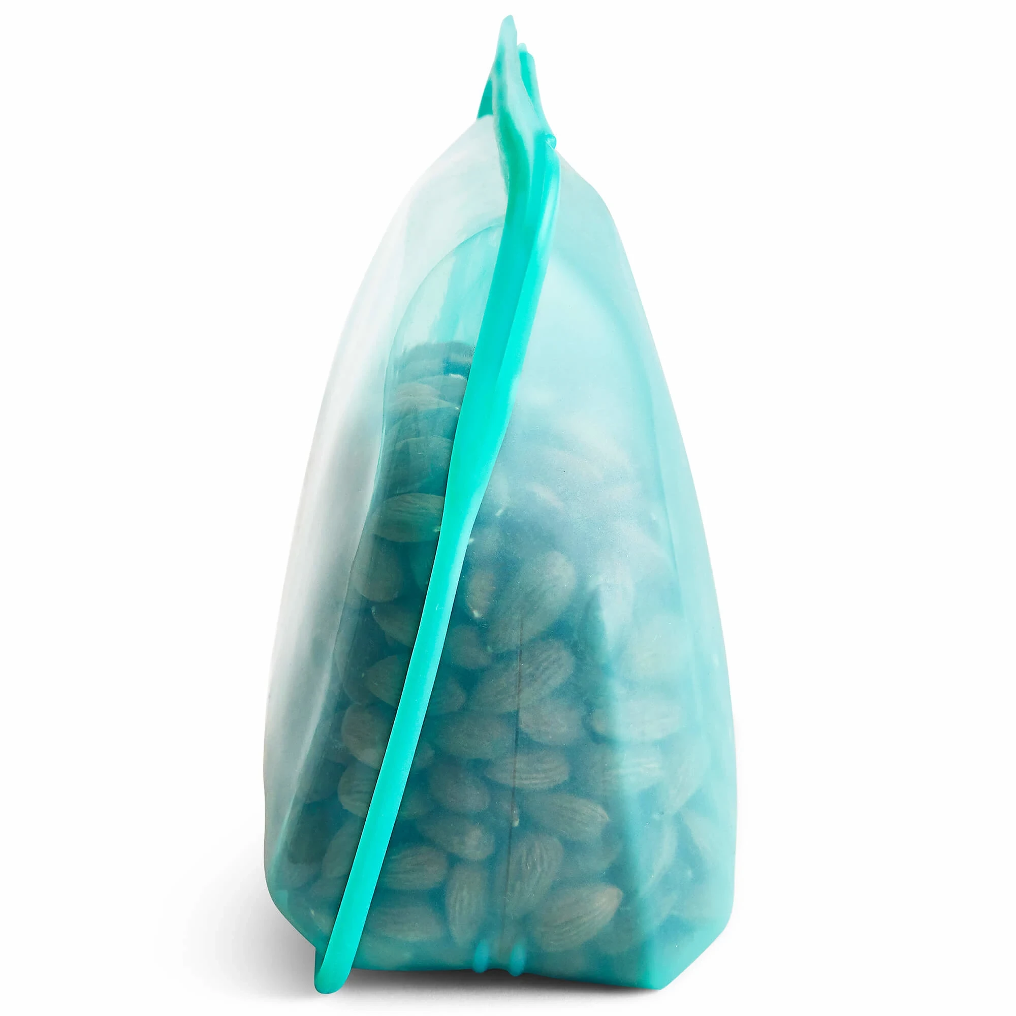 Side view of Aqua Stasher Stand-Up Mid Bag filled with almonds
