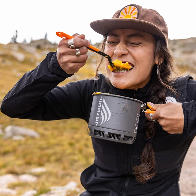 Eating a meal with Jetboil TrailWare utensil set from Jetboil Stash cooking system