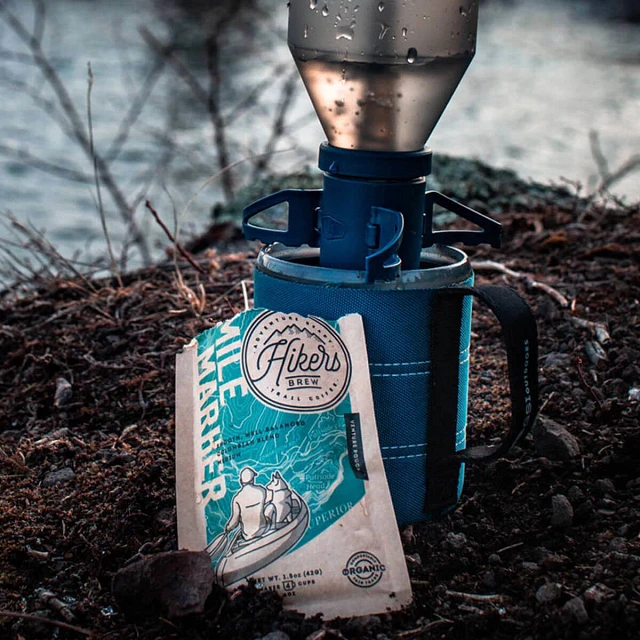 Closeup of Making Hikers Brew Mile Marker Trail Coffee packet