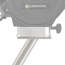 Closeup of downrigger in universal base mounted on stainless steel gimbal mount
