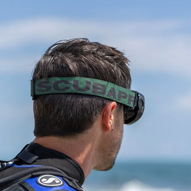 Comfort Strap, Army Green - on Scuba Diver's head