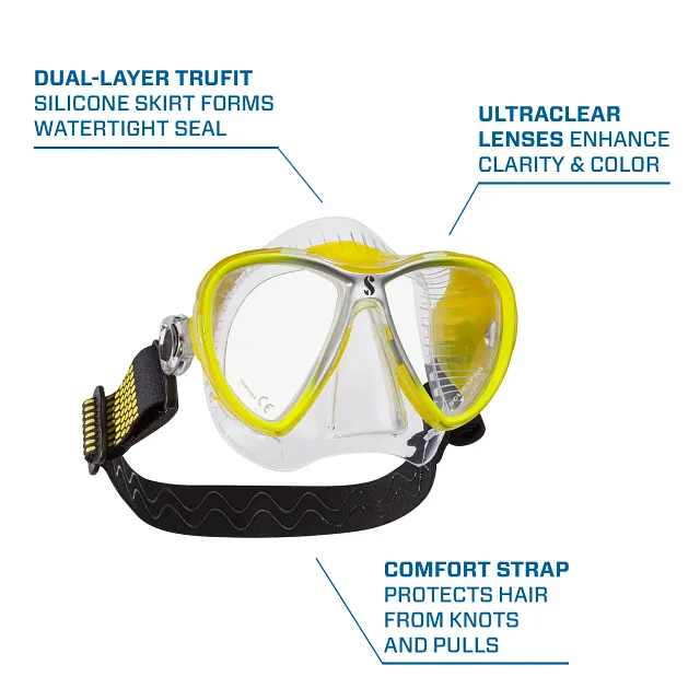 Synergy 2 Twin Trufit Dive Mask, Clear/Silver-Yellow