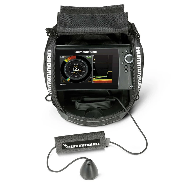 ICE HELIX 7 CHIRP GPS G3N All-Season top view with transducer coming out of case