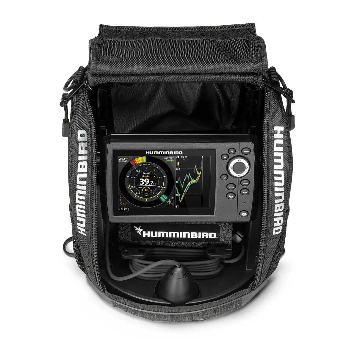 ICE HELIX 5 CHIRP GPS G3 All Season shown from top angle with the transducer tucked into the built-in tray in the shuttle