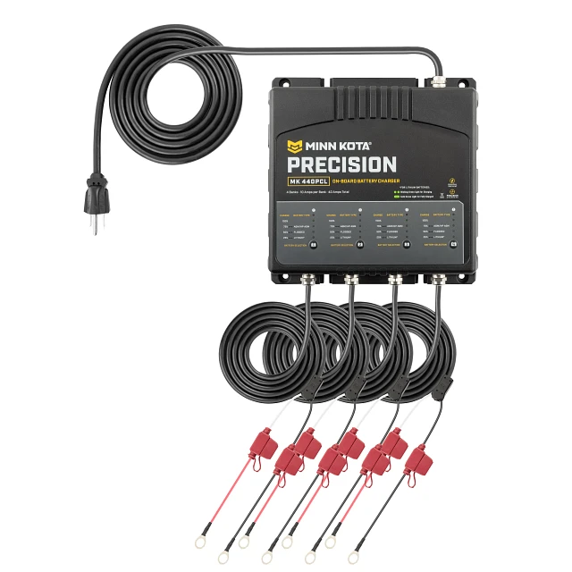 Precision On-Board MK 440 PCL Charger shown with power cord and four connection cords