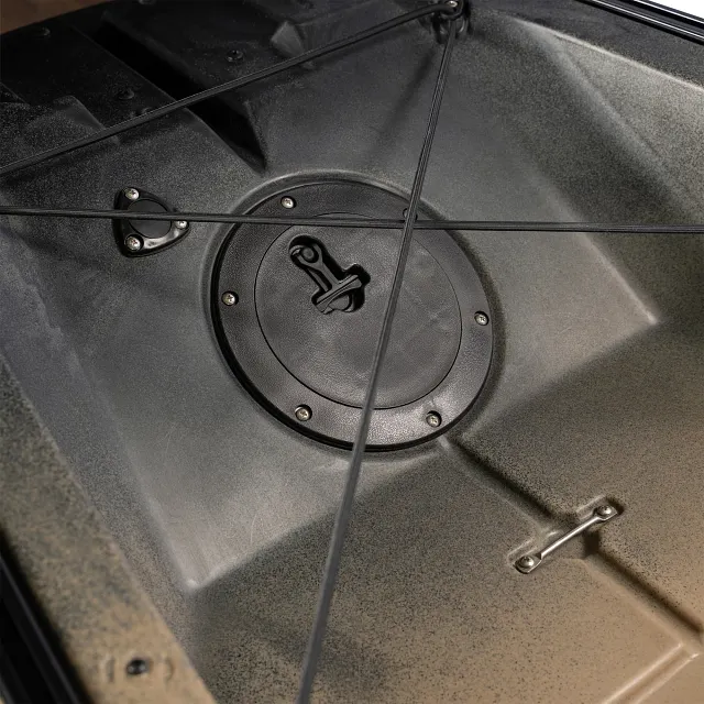 Closeup of stern access hatch on Old Town Sportsman 120 Pro