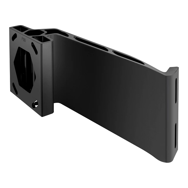 Angled view of black, 8" setback 6" rise port jack plate for Raptor shallow water anchor