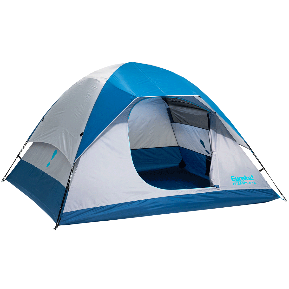 Tetragon NX 5 person tent with rainfly on and with door opened and closed
