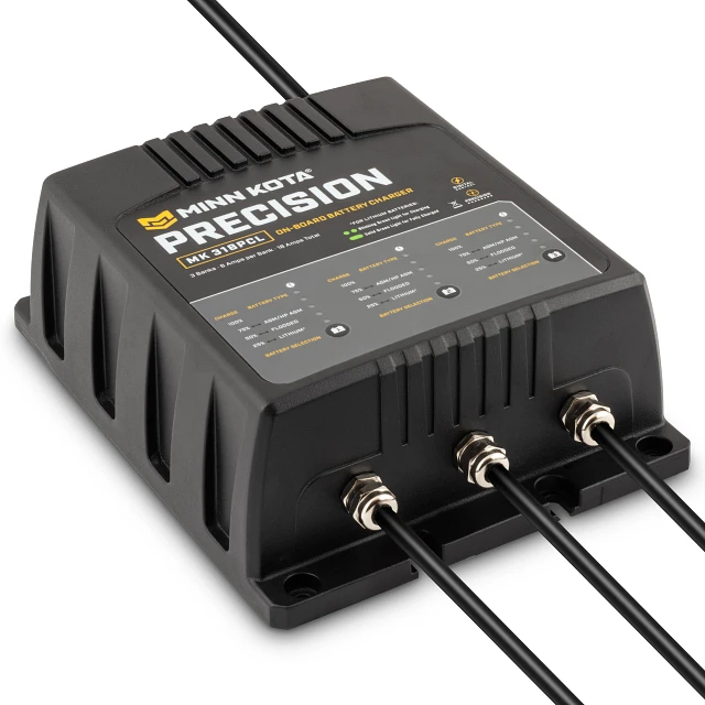 Precision On-Board 3  bank x 6  amp Battery Charger shown at angle