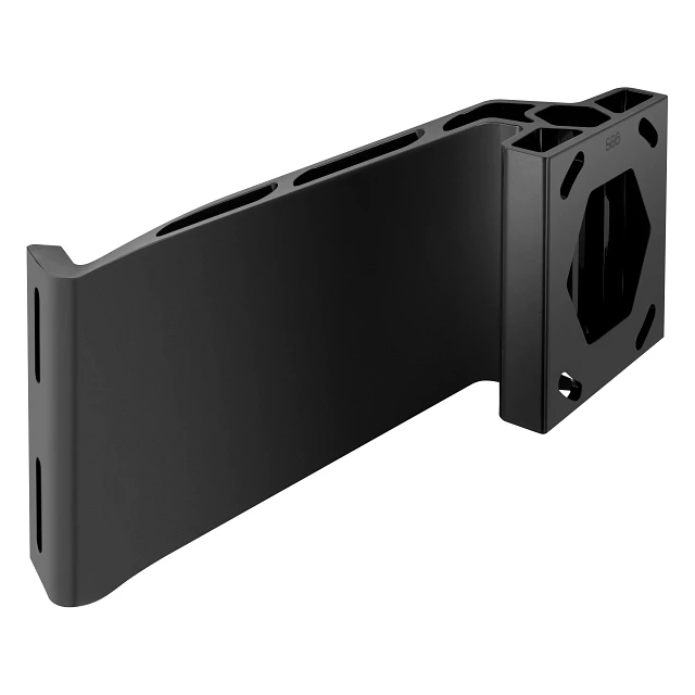 Angled view of black, 8" setback 6" rise starboard jack plate for Raptor shallow water anchor