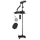 Minn Kota Terrova: A long-shafted trolling motor, with a black control head, a black mounting bracket, a long black shaft, a black prop housing with a black propeller, a black wired foot pedal.