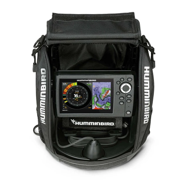 ICE HELIX 5 CHIRP GPS G2 All-Season top view with transducer tucked in case