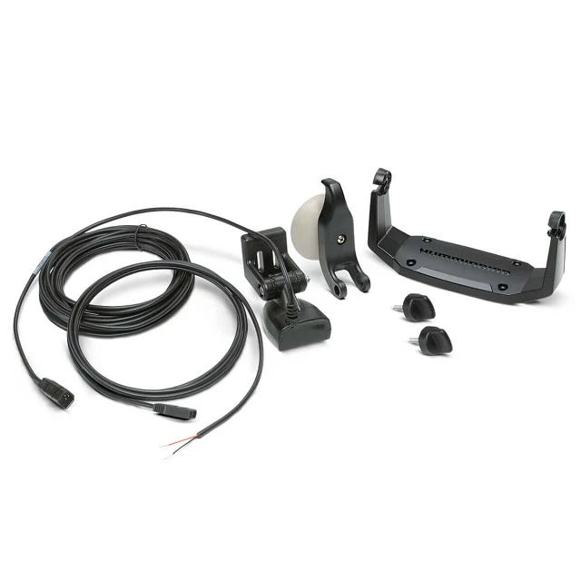 Included boat transducer, cables, suction cup mount, mounting bracket, and knobs