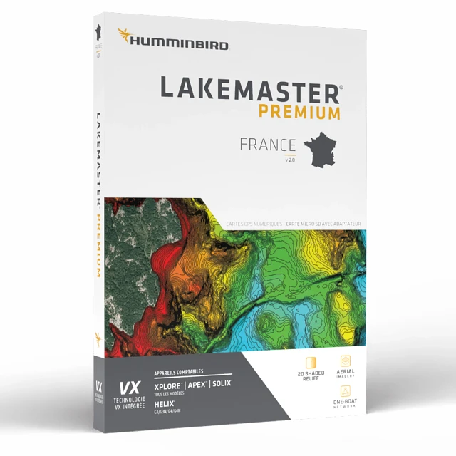 Humminbird LakeMaster Premium France V2: A rectangular product box, primarily white, features a colorful topographic map image on its front, with a dark gray bottom panel and a white top panel, and a white side panel.