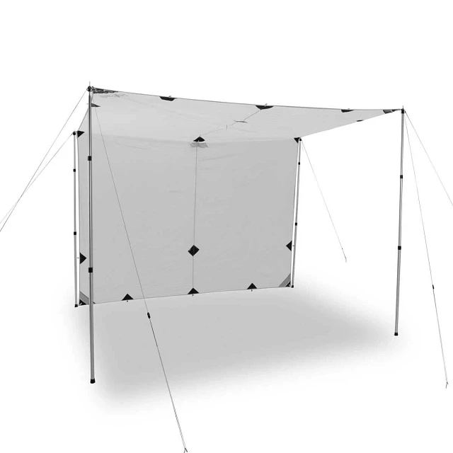 Trail Fly 10 pitch configuration option for wind protection and shade. Poles sold separately.