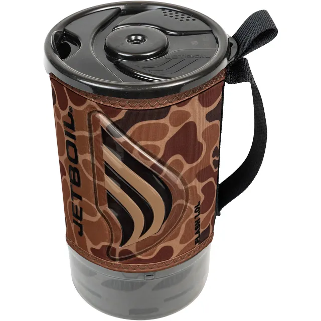 Angled View of Packed Jetboil Flash 1.0L Fast Boil System Duck Camo in cooking cup