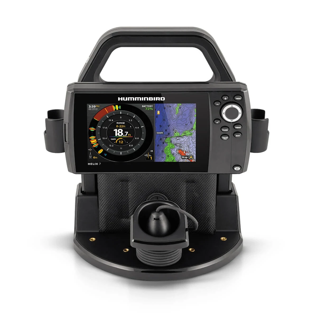ICE HELIX 7 CHIRP GPS G4 All Season shown with the transducer tucked into the built-in tray in the shuttle