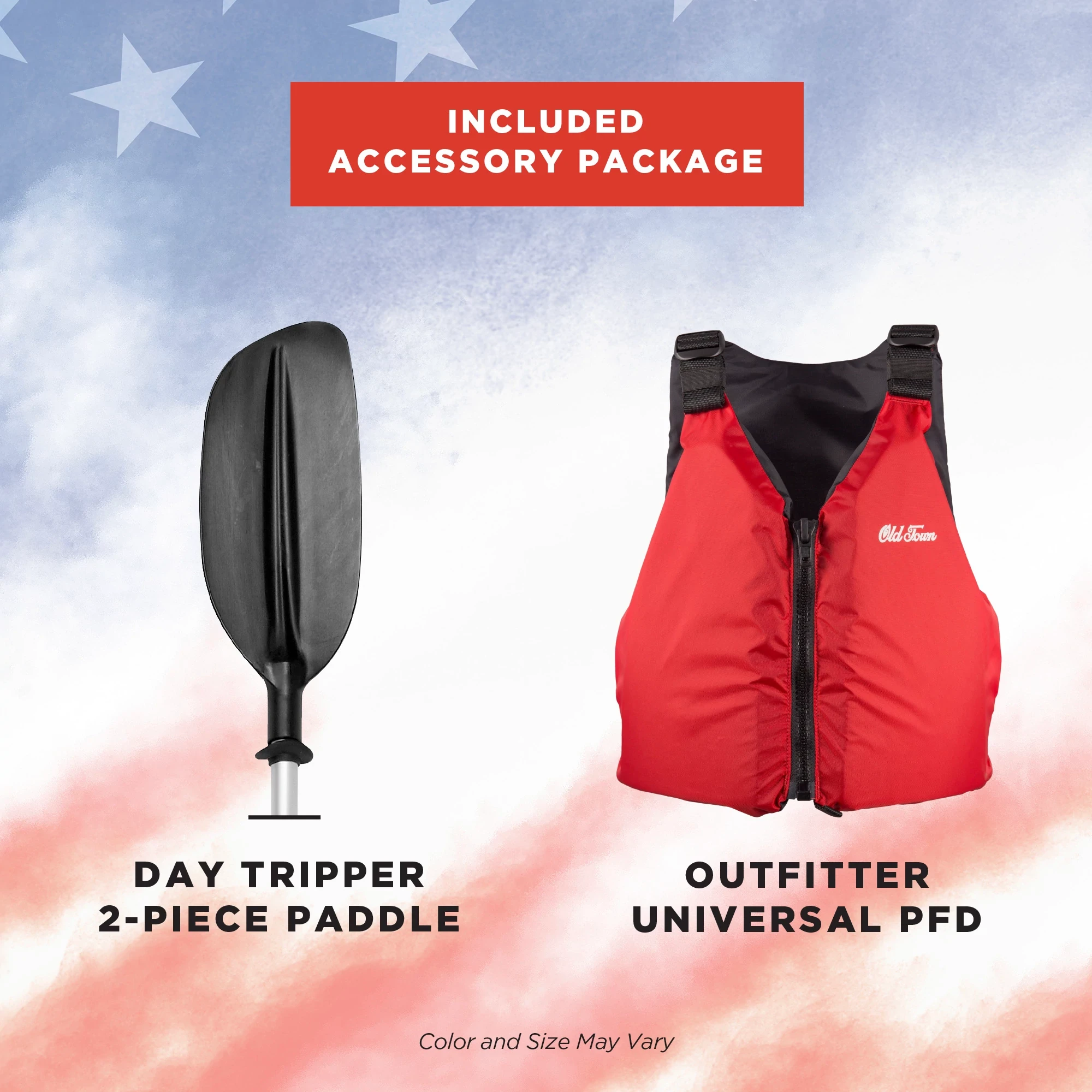 Ocean Kayak Caper Old Glory Bundle includes day tripper 2-piece paddle and outfitter universal PFD